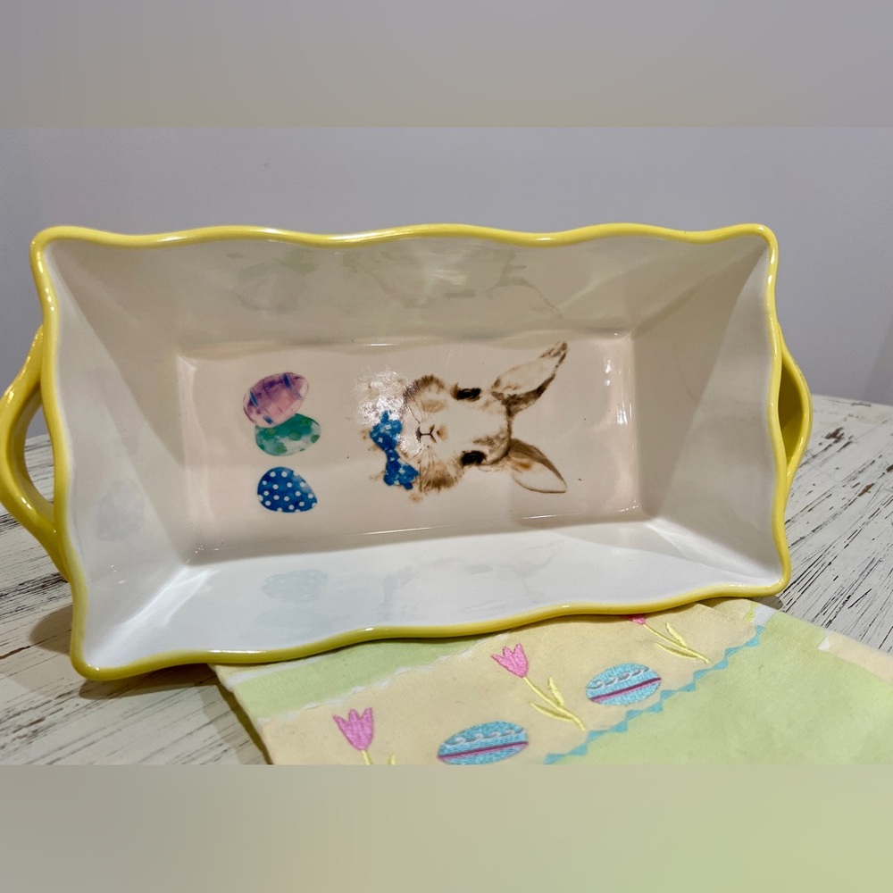 Grace’s Bake Shop Easter Bunny loaf pan, with yellow polka dots exterior.